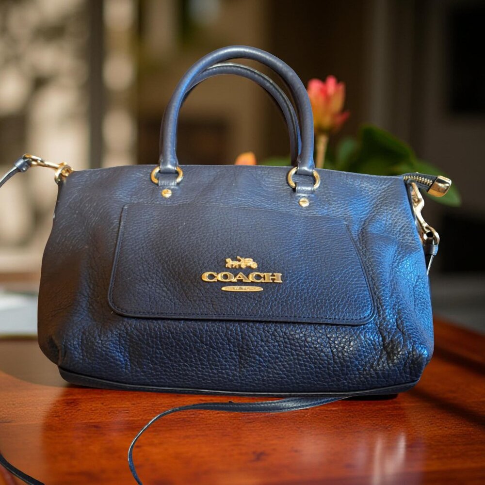 Coach Kelsey Pebbled Leather Satchel / Crossbody – Dark Navy Blue